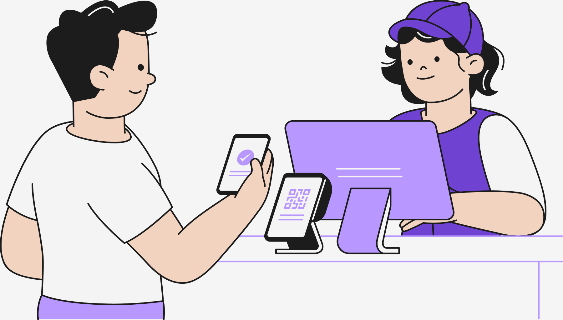 Customer paying by scanning a QR code at a retail checkout counter