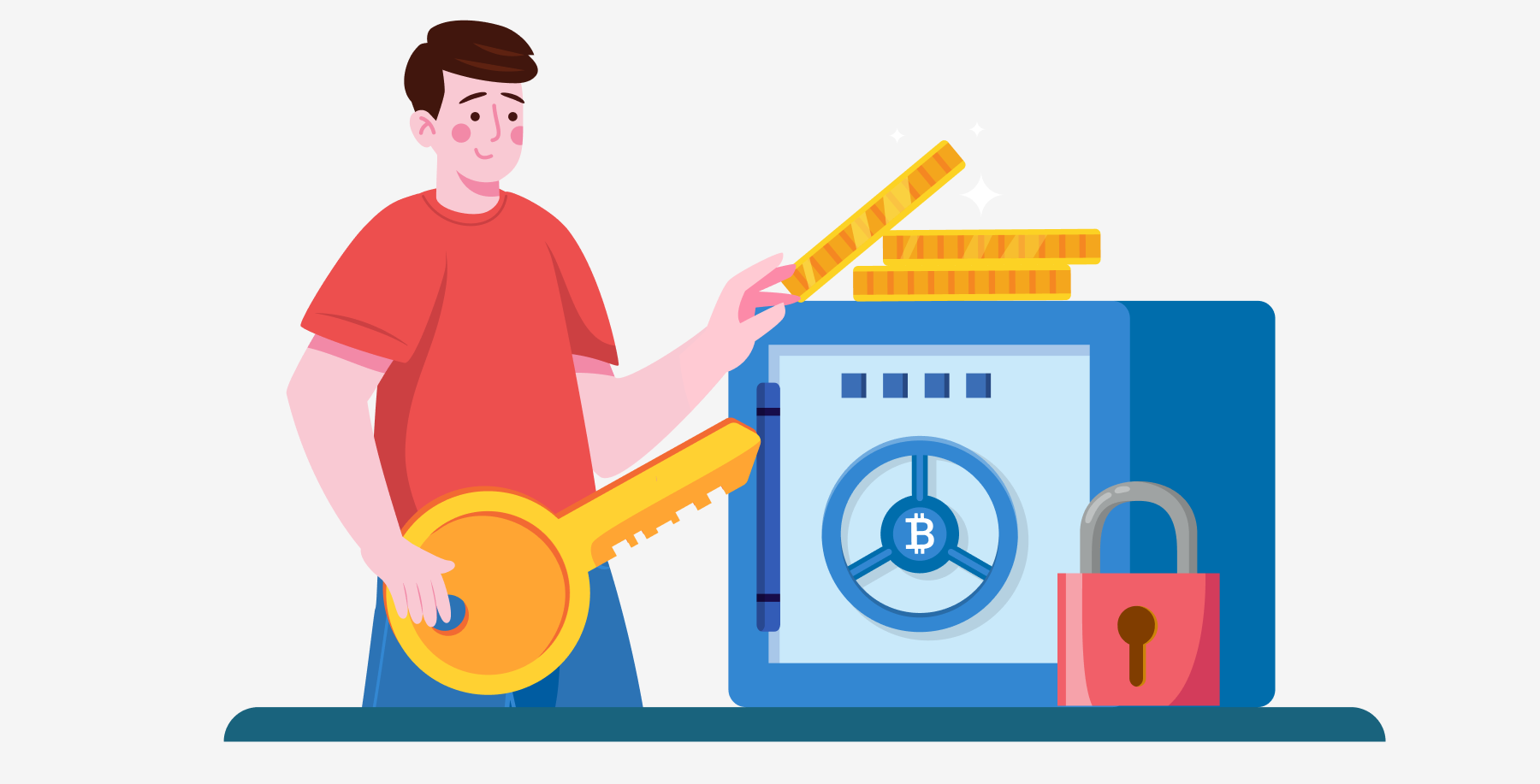 Illustration of a person holding a key beside a secured vault of crypto coins