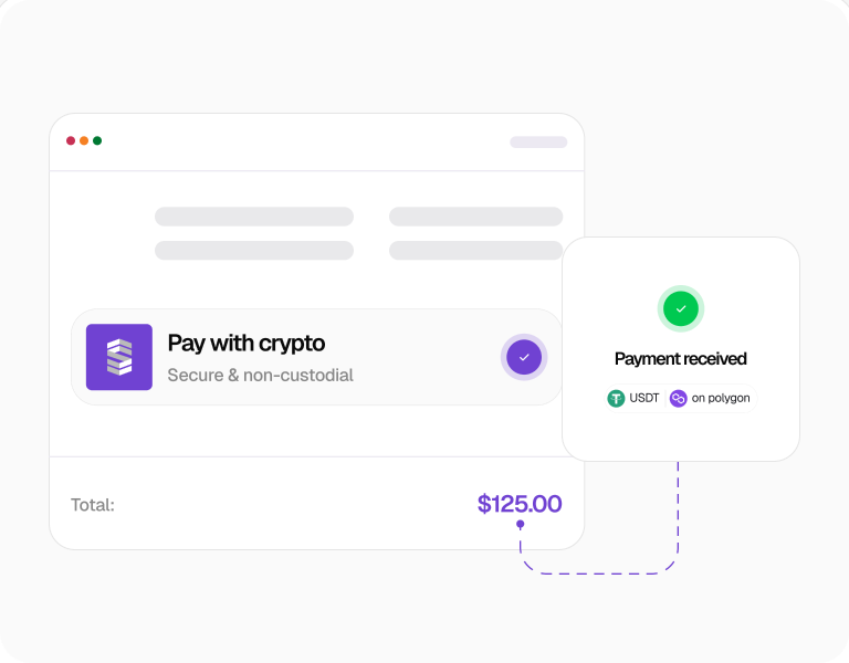 Checkout interface showing a crypto payment being confirmed